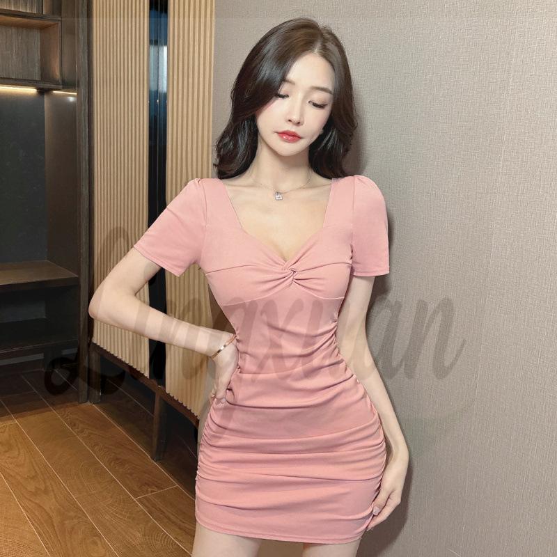 Low-Cut Square-Neck Ruched Bodycon Dress Small розовый