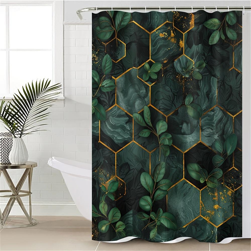 Elegant Green Marble Shower Curtain - Leaf & Gold Hexagon for Bathroom Decor, Adds Modern Luxury and Nature's Touch