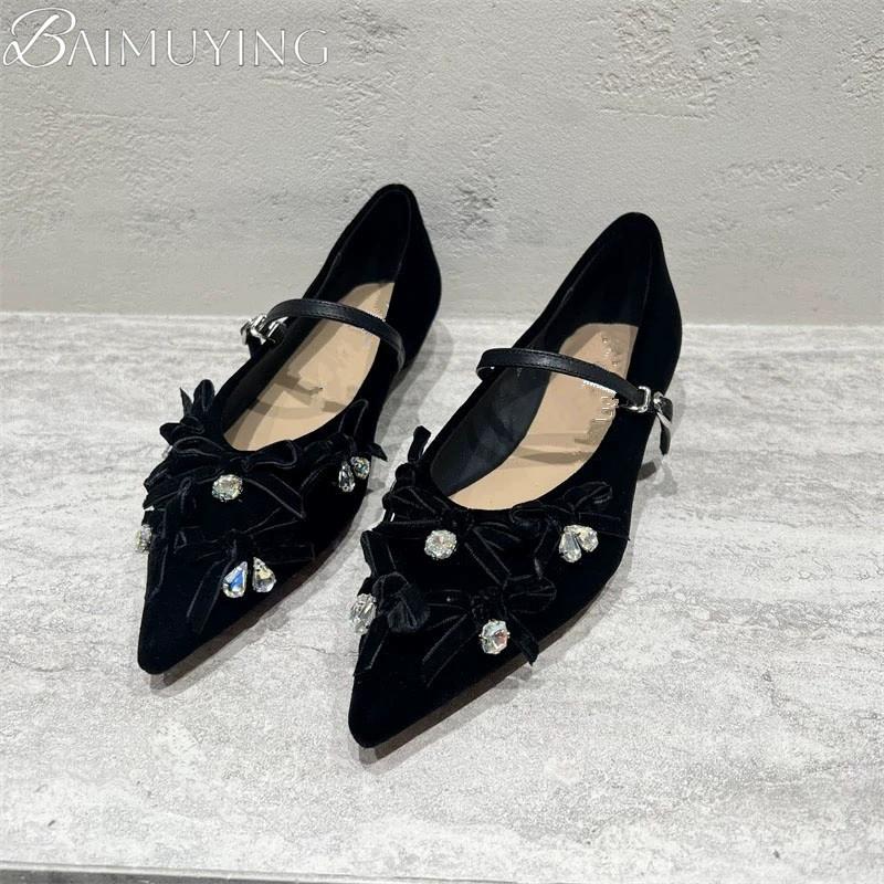 Women Sexy Pointed Toe Shoes Luxury Crystal Bow Sandals Dress Party New 2025 Designer Summer Loafers Buckle Shallow Zapatillas