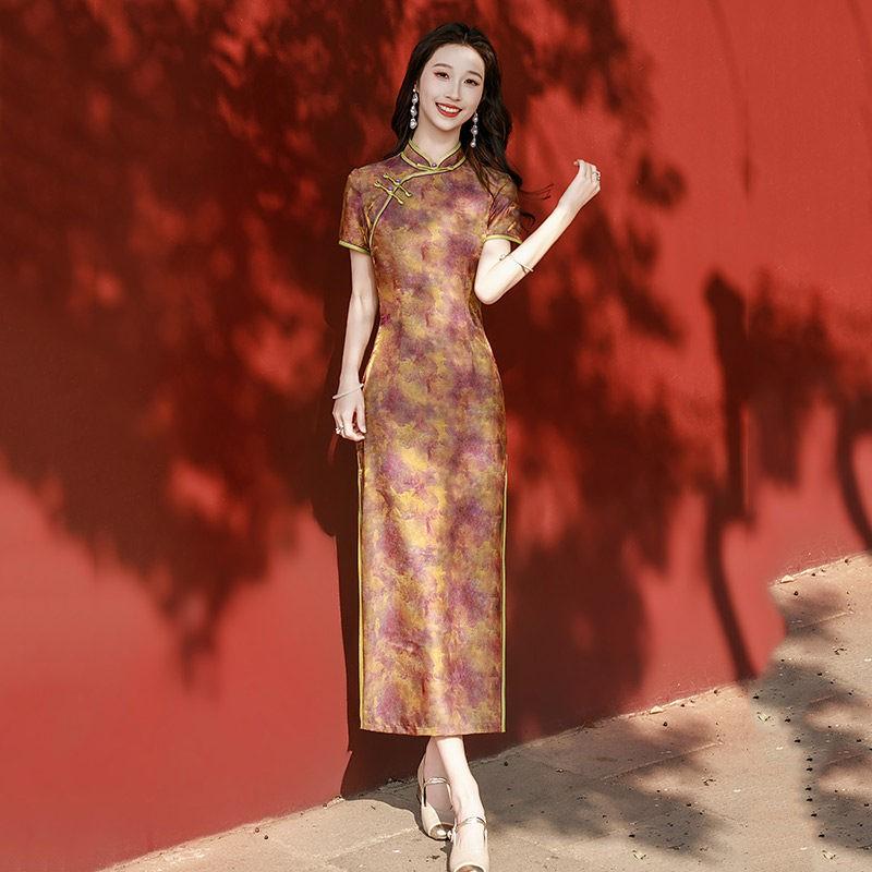 Purple Modern Chinese-Inspired Long Cheongsam Dress Women 2026 Stylish Retro Fit With Thread Detail Medium