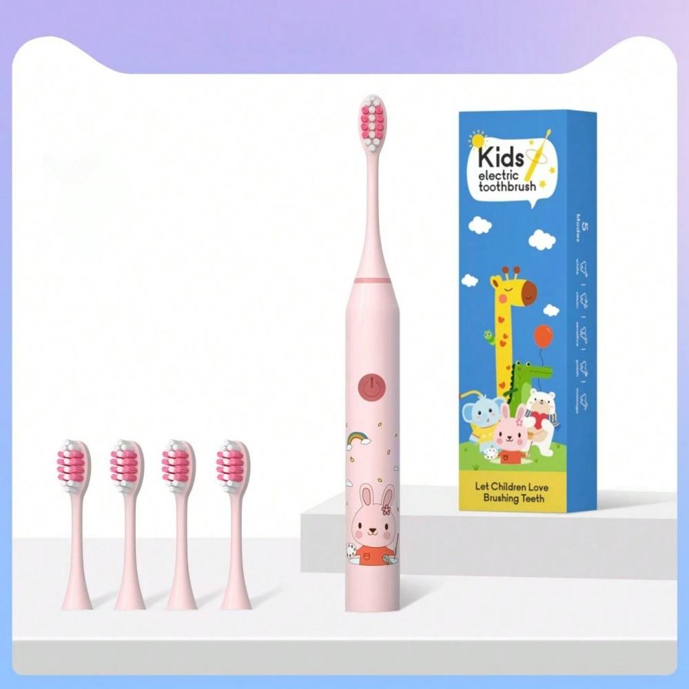 Cartoon Children Electric Toothbrush Cartoon Kids With Replacement Head Ultrasonic IPX7 Waterproof Rechargeable Sonic Toothbrush розовый