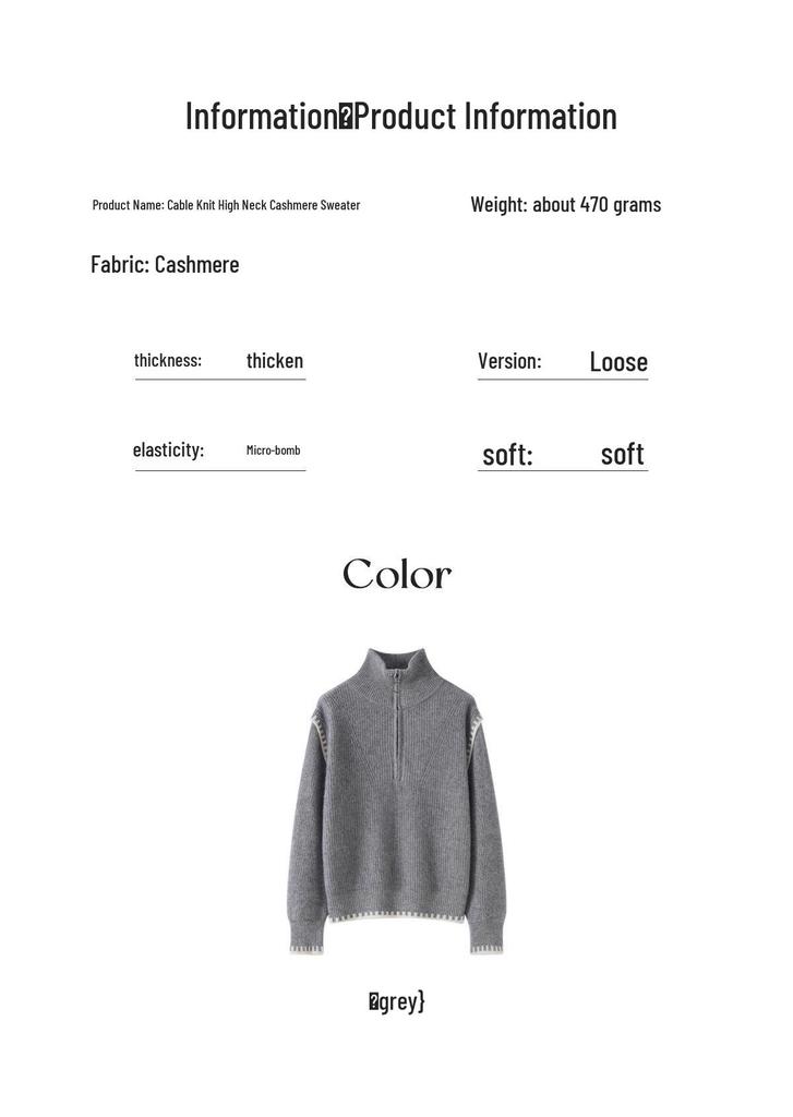 Women's Gray Half-Zip High Collar Cashmere Sweater - Color Block, Loose Knit Korean Style Base Layer