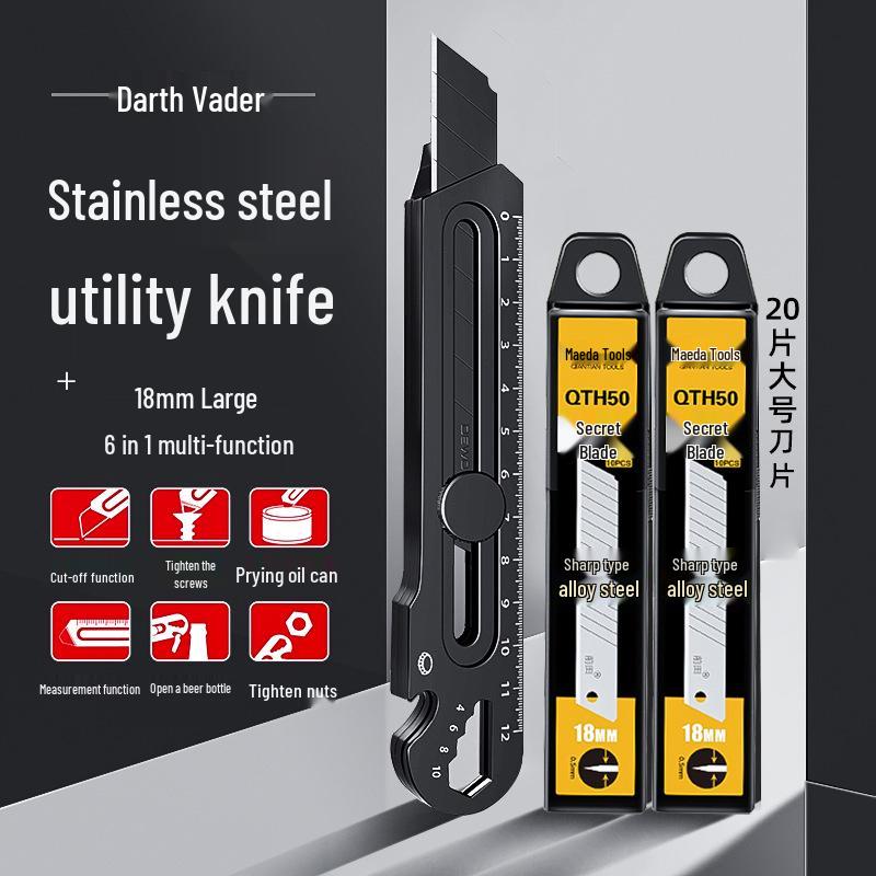 Maeda Schwerlast schwarzes Edelstahl-Utility-Messer: 6-in-1 Tapeten- und Paketmesser in Industriequalität