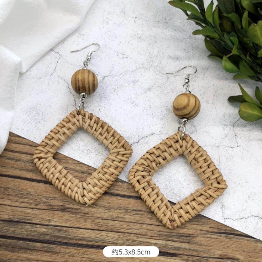 Vintage Mori Grass and Rattan Woven Handmade Earrings Bohemian Vacation Style Stud Earrings Female Ethnic Style Summer Ear Jewelry