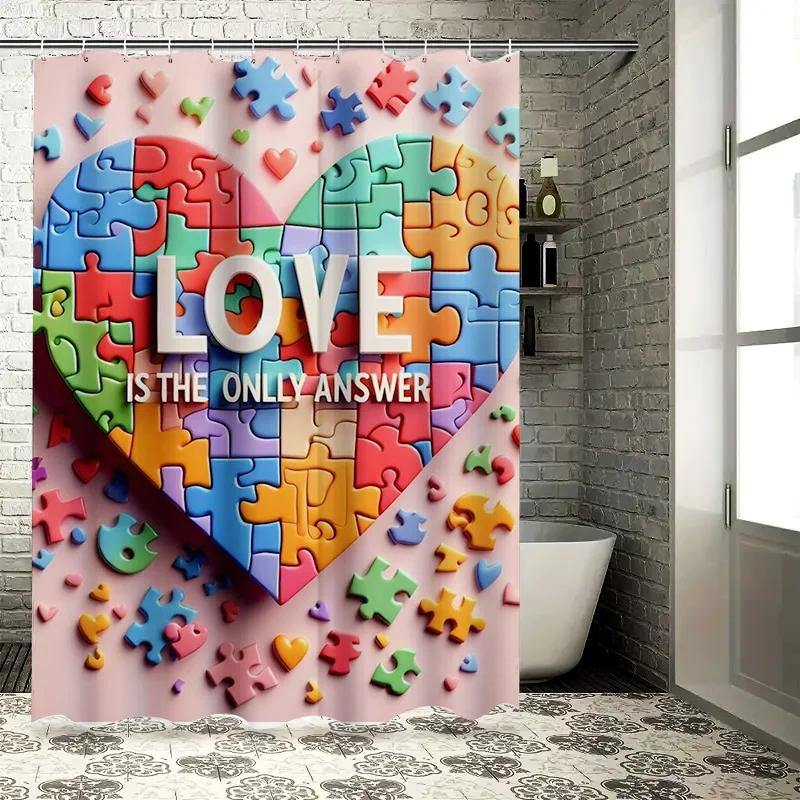 Love is the Answer Autism Puzzle Heart Art Shower Curtain - Waterproof Design for Stylish, Unique & Supportive Bathroom Decor