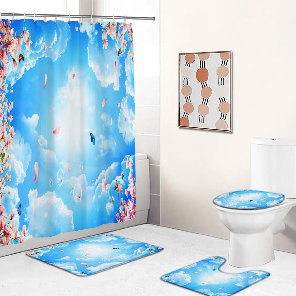 Sonniger Blauer Himmel Wolken Landschaft Duschvorhang-Sets Rutschfeste Teppiche Badvorleger Toilettendeckelbezug Wasserdicht Polyester Badezimmerdekoration