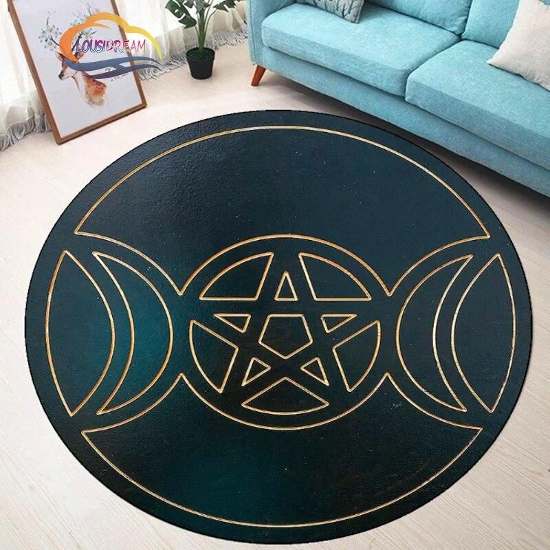 Pentagram Carpet Moon Satanic Round Rug Skull &  , Wicca  White  On Black  Goth Home Decor Chair Mats