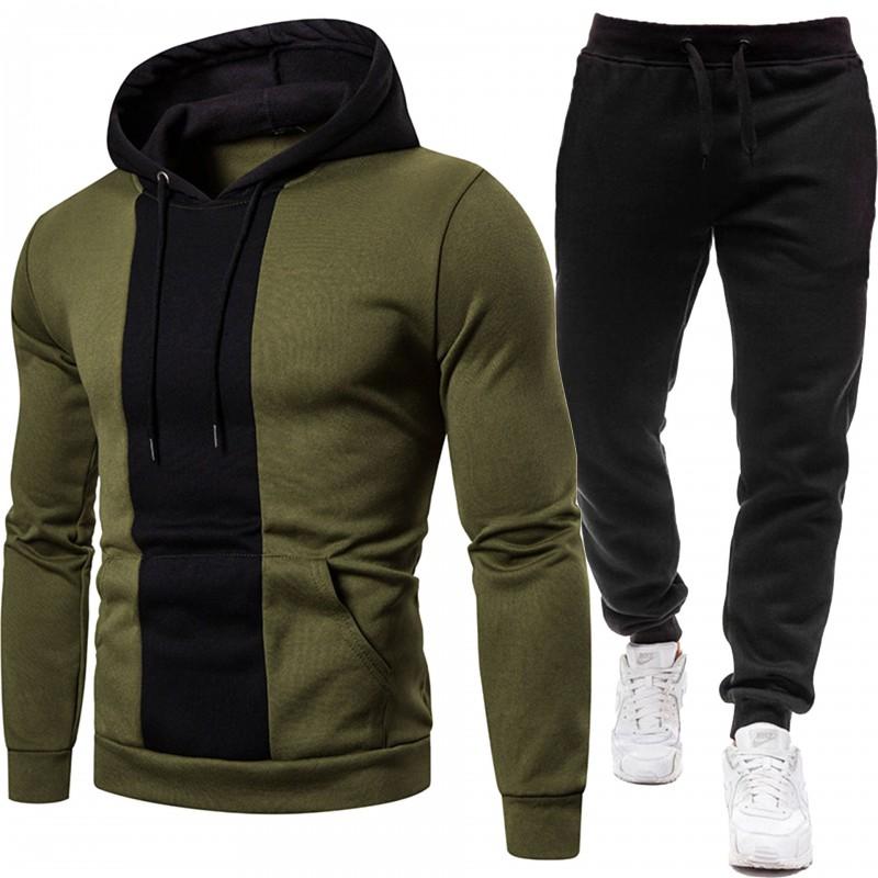Mens Casual Hooded Long Sleeve Solid Color Stitched Two-Piece Set Winter Sportswear Outfit