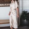 Office Lady Maxi Dress Turn Down Collar Ruched Solid Color Short Sleeve