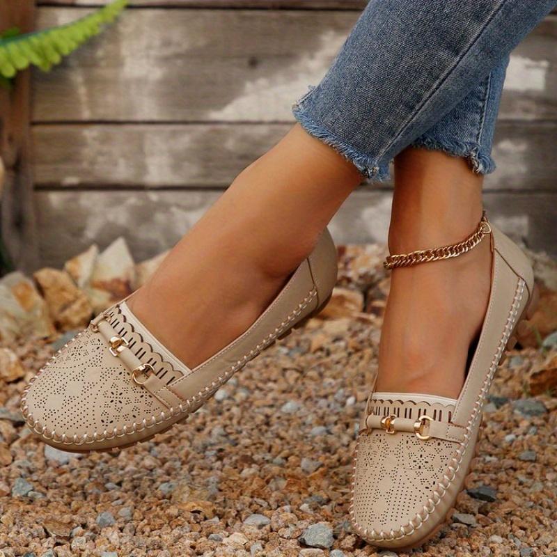Women's Perforated Flat Loafers with Golden-Tone Buckle Detail - Breathable Faux Cover Slip-On Shoes, Lightweight & Comfortable for Casual Wear