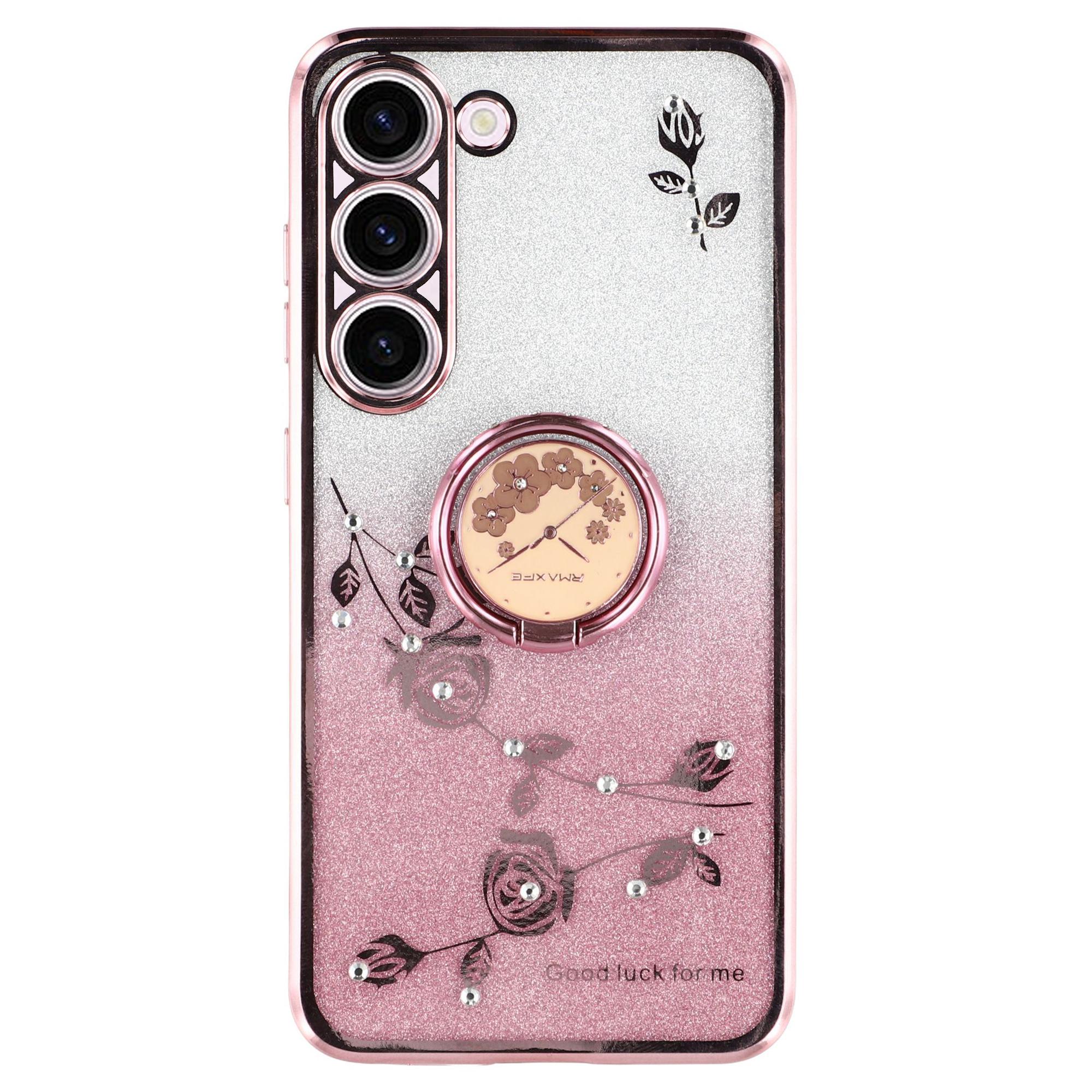 

KADEM Чехол из ТПУ для Samsung Galaxy S22+ 5G с подставкой, с блестками, цветочным узором и стразами Rose Gold