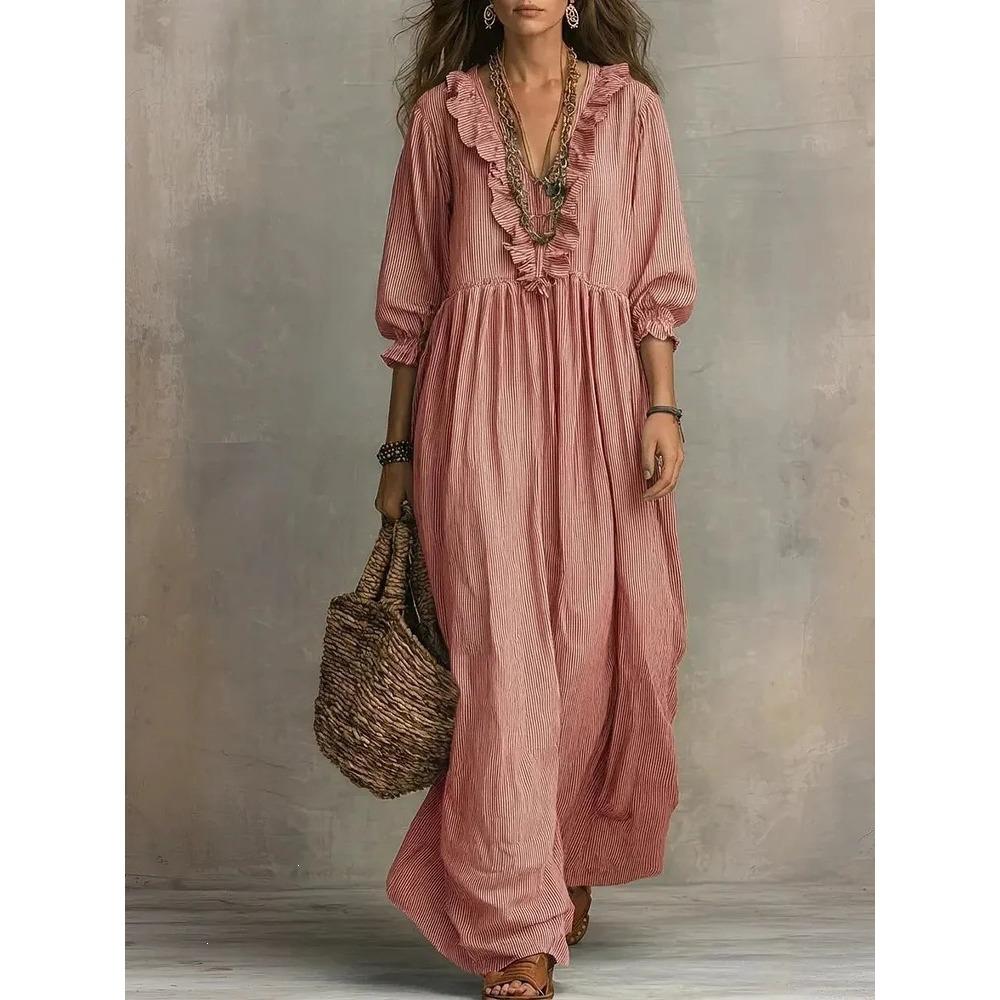 Abito Maxi da Donna a Righe con Volant e Scollo a V, Casual, Vestibilità Larga, Vita Alta, Lungo