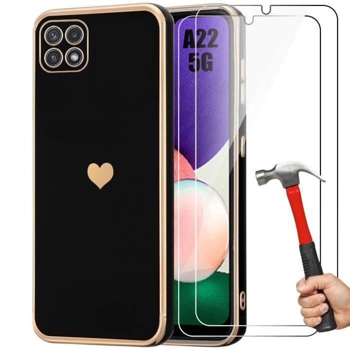 Coque TPU - Samsung - Galaxy A22 5G - Noir - Motif Cœur - Anti-rayures - 2 Verres Trempés
