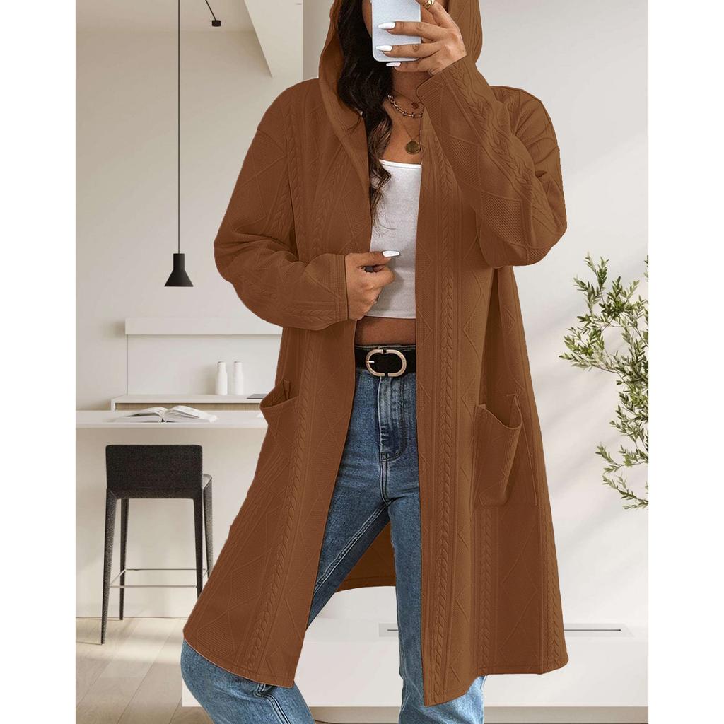 Dames Strandet Mønstret Hette Midilengde Trenchcoat Jakke Cardigan