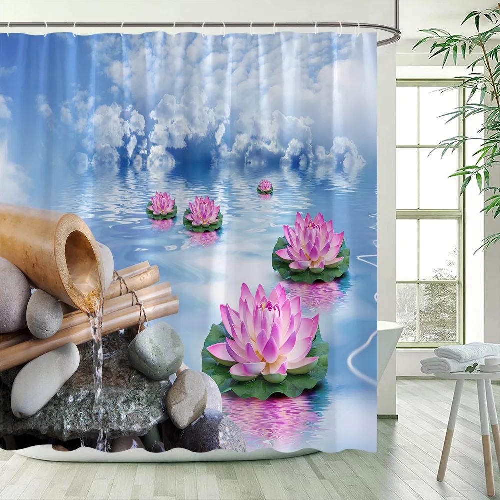 Green Bamboo Zen Shower Curtains Set, Spa Stones and Orchids Flowers Polyester Fabric Bath Curtain with Hooks Bathroom Decor