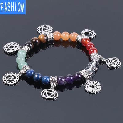 Natural Crystal Colorful 8mm Beads Chakra Healing Yoga Symbol Charm Bracelet