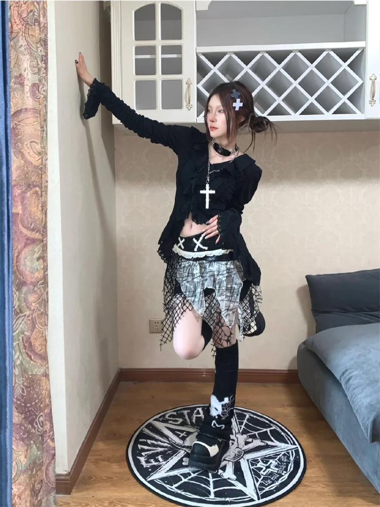Lolita Vintage Gothic Lace Shirts Women Y2k Dark Aesthetic Irregular Blouses Yamamoto Style Grunge Flare Sleeve Shirt