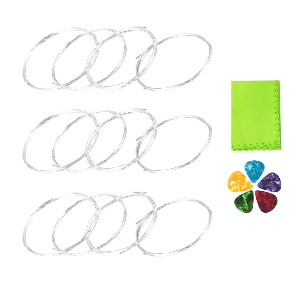 Ukulele String Clear Nylon 3 Full Set 5 Pieces Ukulele Guitar Pick and 1 Piece Green Cleaning Cloth