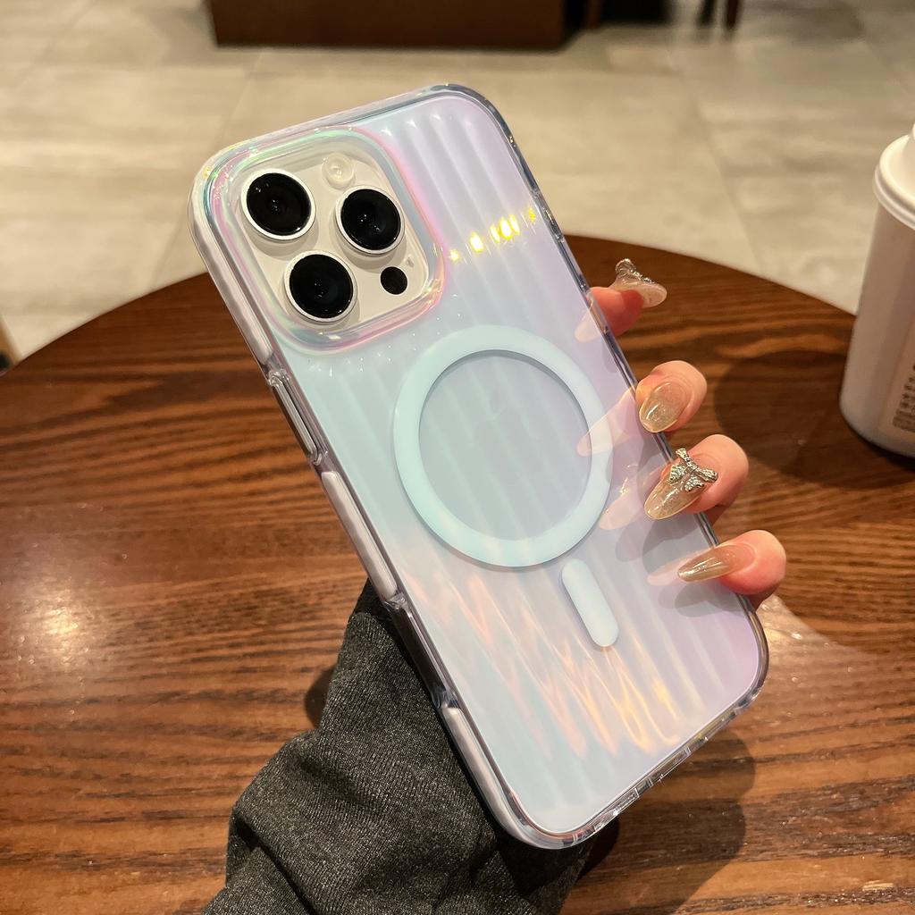 For iPhone 16 Pro Magnetic Case Dazzling Gradient Color PC+TPU Phone Back Cover Corrugated Design