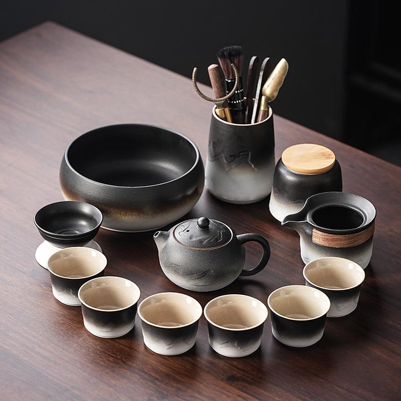 Business mountain sea travel set teapot simple kung fu tea set light luxury gifts gradual change coarse pottery tea set