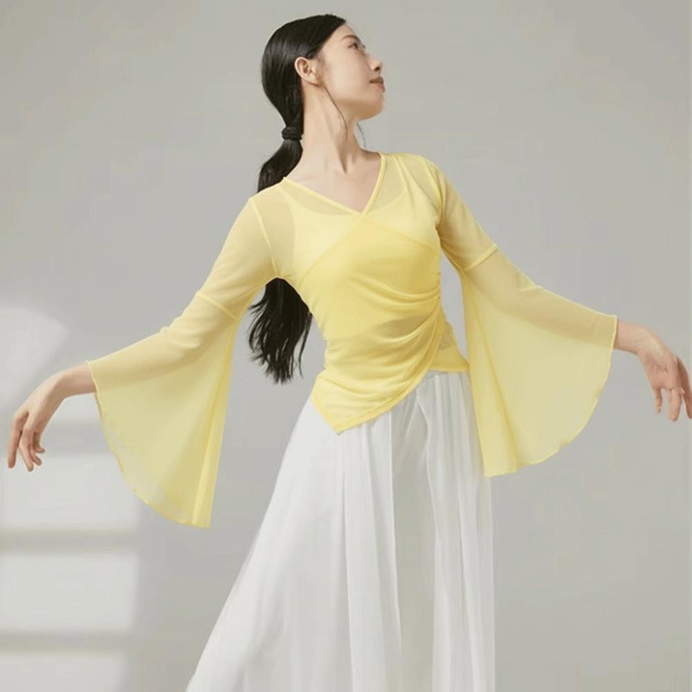 Elegant Chinese Folk Dancewear Sheer Mesh Mesh Top Breathable Classical Dance Top Women Dancewear