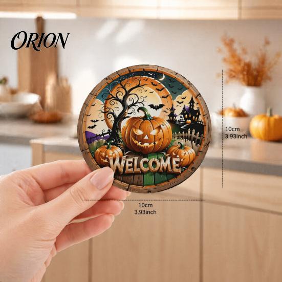 Halloween Wooden Coasters 6Pcs/Set Coasters, Retro Pumpkin Ghost Drink Heat Resistant Cup Holders Round Insulation Pads for Dining Table Holiday Decor