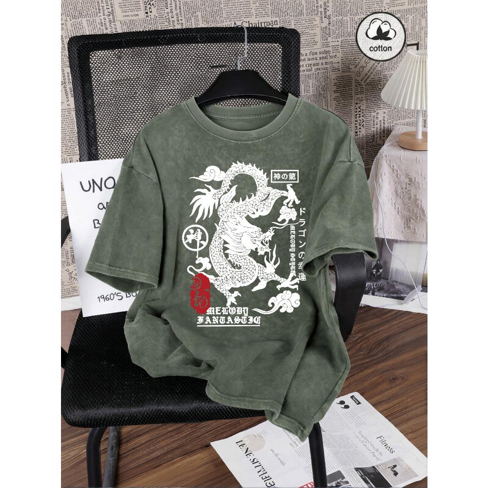 Japanische Harajuku Drachenaufdruck Damen Gewaschene T-Shirts Lässiges T-Shirt Sommer Hip Hop Streetwear Baumwolle Übergroße Kleidung