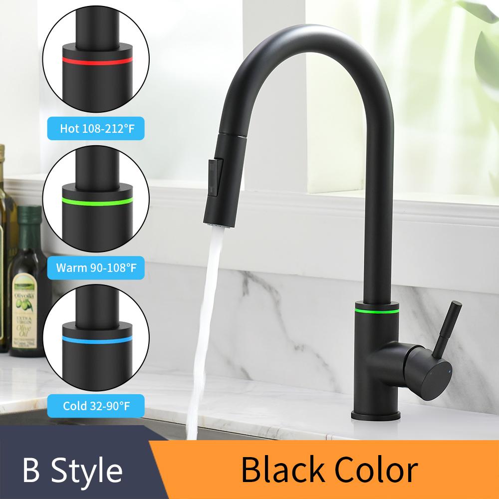 LED Kitchen Faucets Solid Brass Stainless Steel Single Handle Kitchen Basin Faucets Deck Mounted Hot&Cold Water Mix Tap 866069