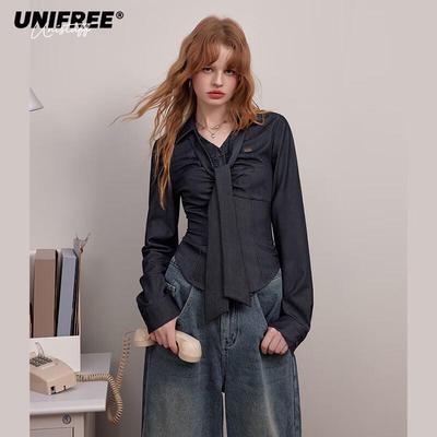 Women's Retro Pleated Long Sleeve Shirt with Tie