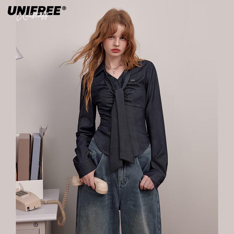 UNIFREE Women s Retro Pleated Long Sleeve Shirt with Tie M