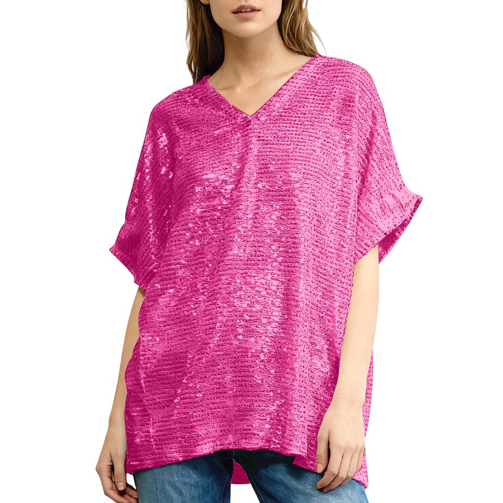 Women Sequin Short Sleeve V Neck Loose Fit Party Top Shiny Lightweight Tunic Shirt for Events Nightclub Festival