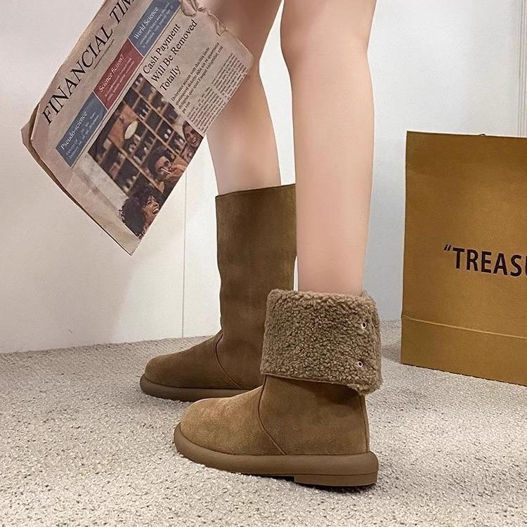 Pure leather two wear flanged flat heel medium boots women's winter plush snow boots warm cotton boots
