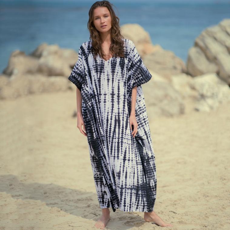 Rayon Tie-Dye Floral Print Long Robe - Casual Beach Swimsuit Cover-Up