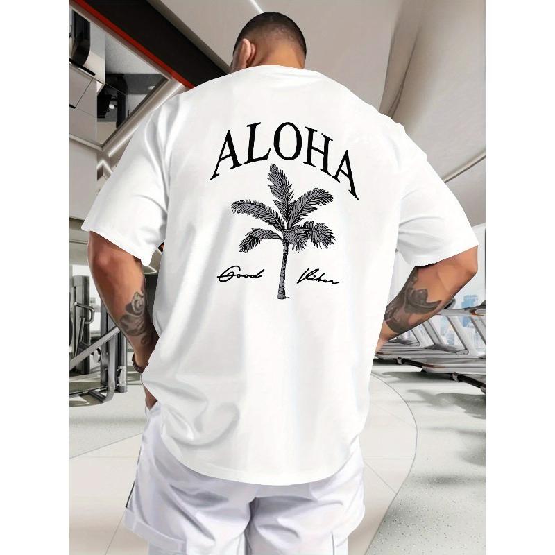 

Men s Summer Outerwear Hawaiian Hello Coconut Tree Back Print Fashion Short-Sleeve T-Shirt, Men s Casual Versatile Stretch Top S белый