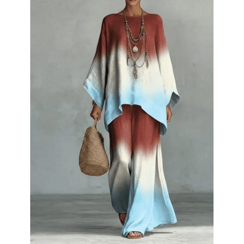 Y116 Summer Loose Bat Sleeve Top Wide Leg Pants Two-piece Women's Clothing European and American Fashion Suit