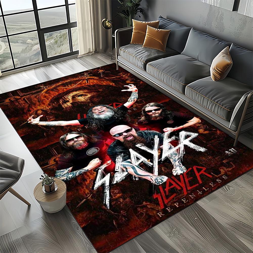Tapete de Chão 3D Retro Band Slayer Heavy Metal Rock Sinal para Sala de Estar Quarto Casa Decoração de Sofá, Tapete Antiderrapante para Brincar de Criança
