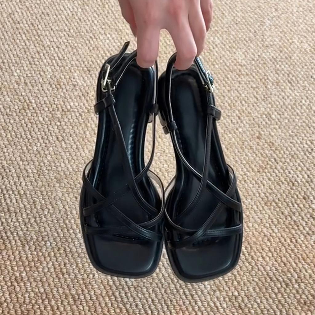 Sheepskin version~ Retro cross-strap, thin strap, soft sole, thick heel, Roman shoes, women's open toes, stepping on shit sandals