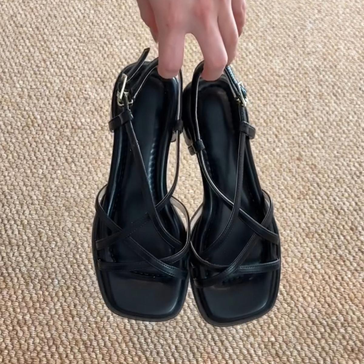 

Sheepskin version~ Retro cross-strap, thin strap, soft sole, thick heel, Roman shoes, women s open toes, stepping on shit sandals 35