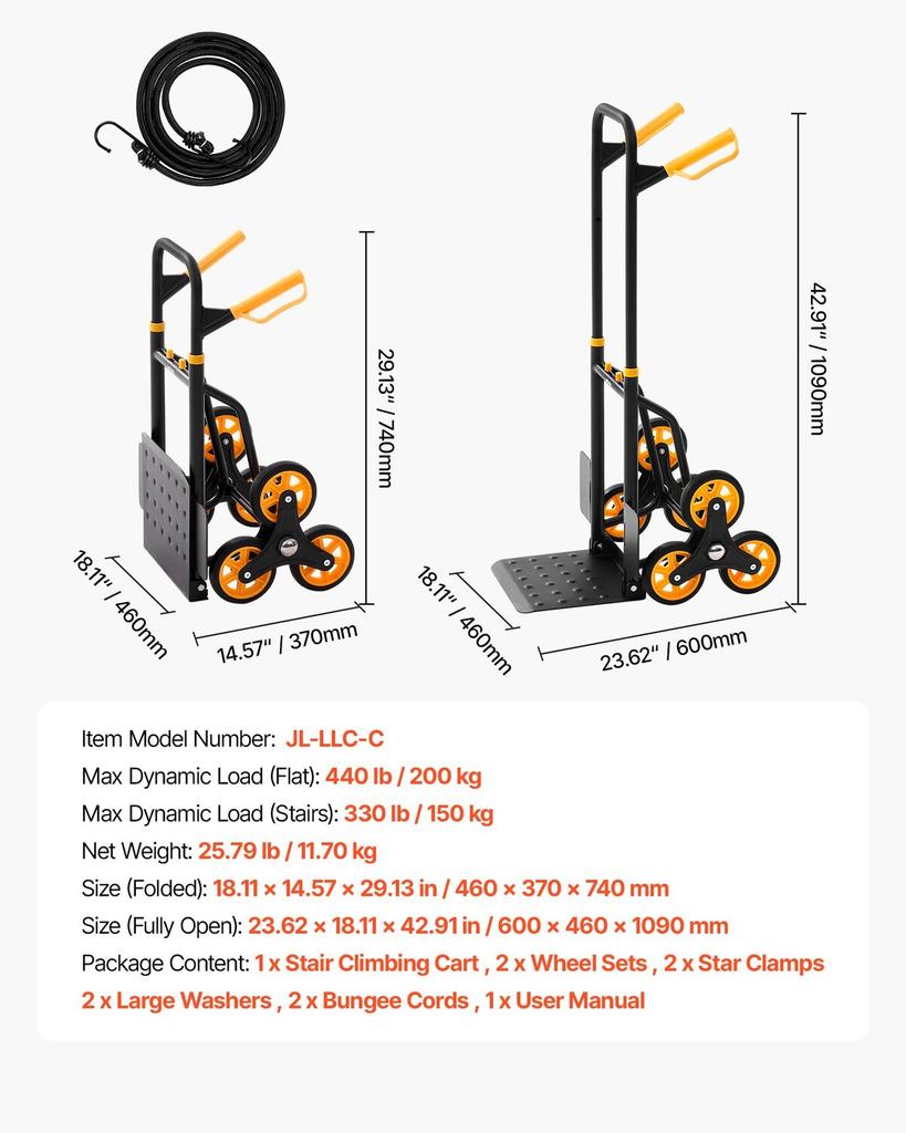 Stair Climbing Cart, 150 kg Stair-Climbing Capacity, Heavy-Duty Folding Trolley Cart with Telescoping Handle, 6 Wheels and 2 Bungee Cords, Stair