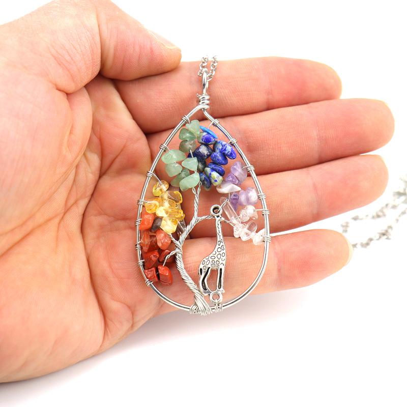 Handmade Copper Wire Wound Natural Gravel Crystal Giraffe Life Tree Fortune Tree Necklace N53