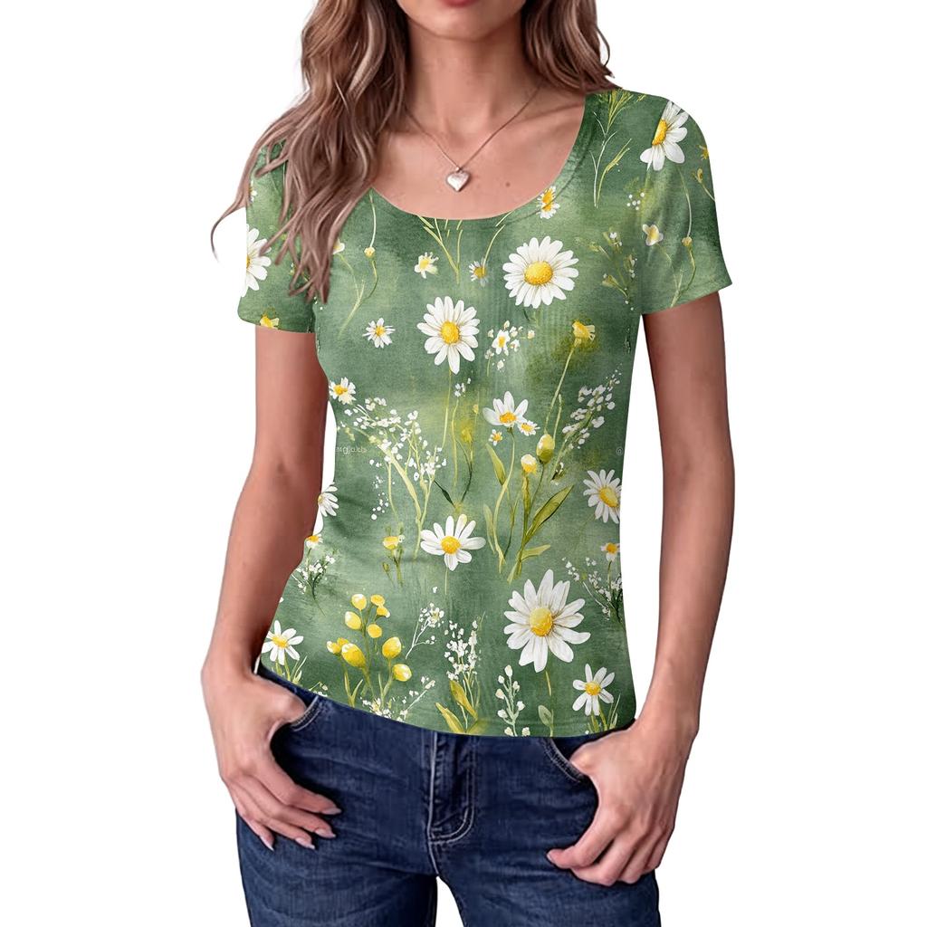Women Slim Fit Square Neck Short Sleeve Top Retro Floral Print Stretchy Ribbed Fabric Casual Daily Wear