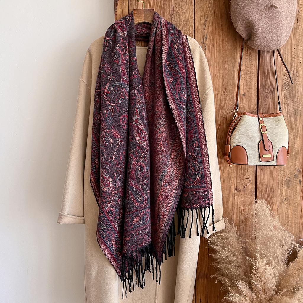 Fashion Winter Cashmere Shawl For Women - Tasseled Vintage Floral Printed Oil Painting Style Pashmina Thick Scarf & Poncho