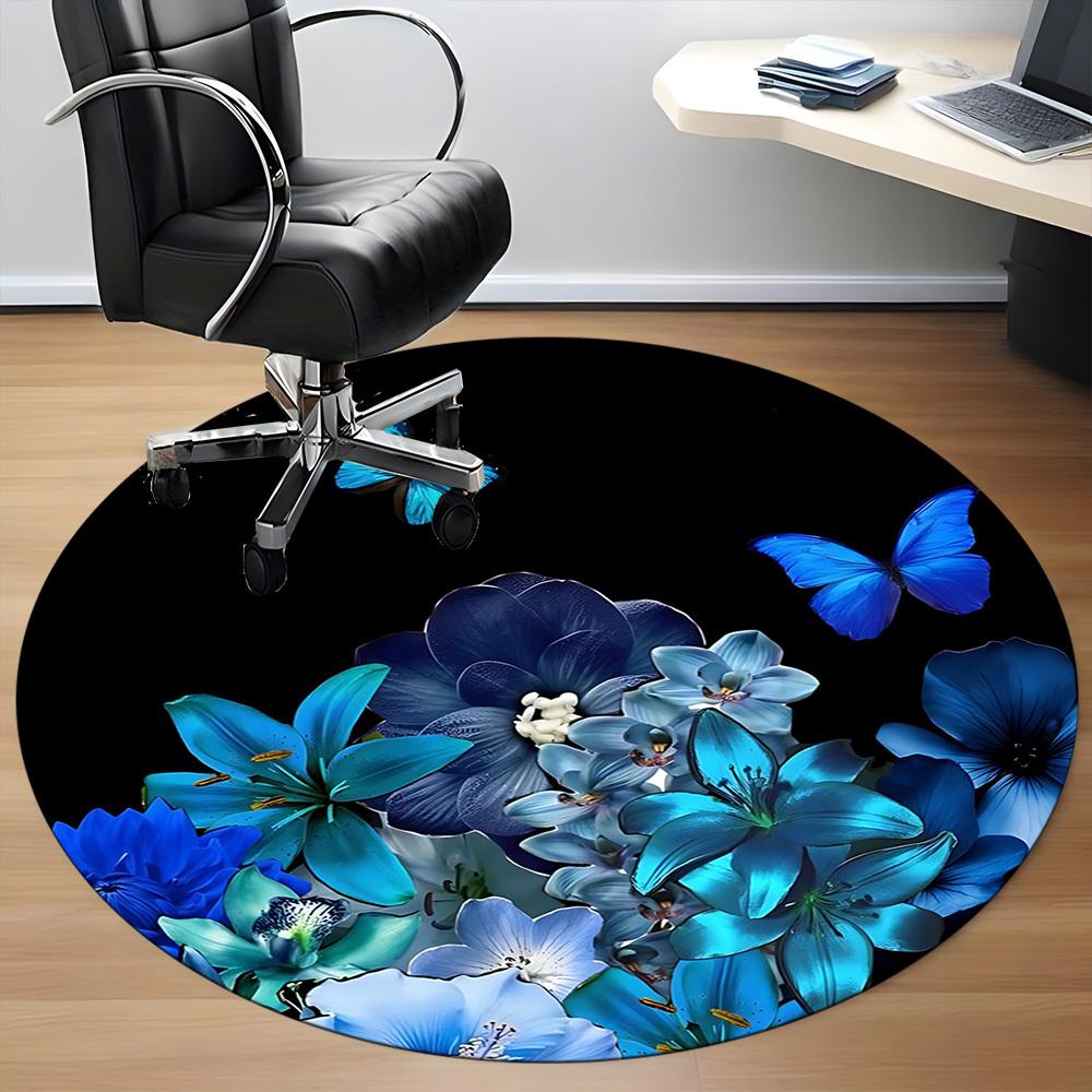 1pc Blue Floral Bouquet Chair Carpet for Office, Round Non-Slip Durable Large Size Office Carpet, Suitable for Office, Beautiful Decoration