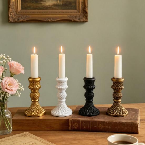 French Style Candle Holder Vintage Taper Holder, Nostalgic Resin Candlestick Decorative Soft Decoration Accessories Stand for Wedding Party