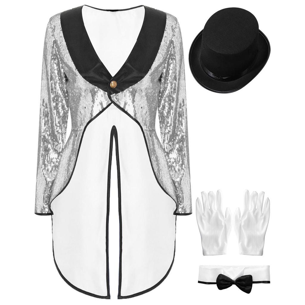 Womens Magician Costume Set Long Sleeve One Button Patchwork Sequin Tailcoat Hat Bow Collar Gloves Halloween Cosplay