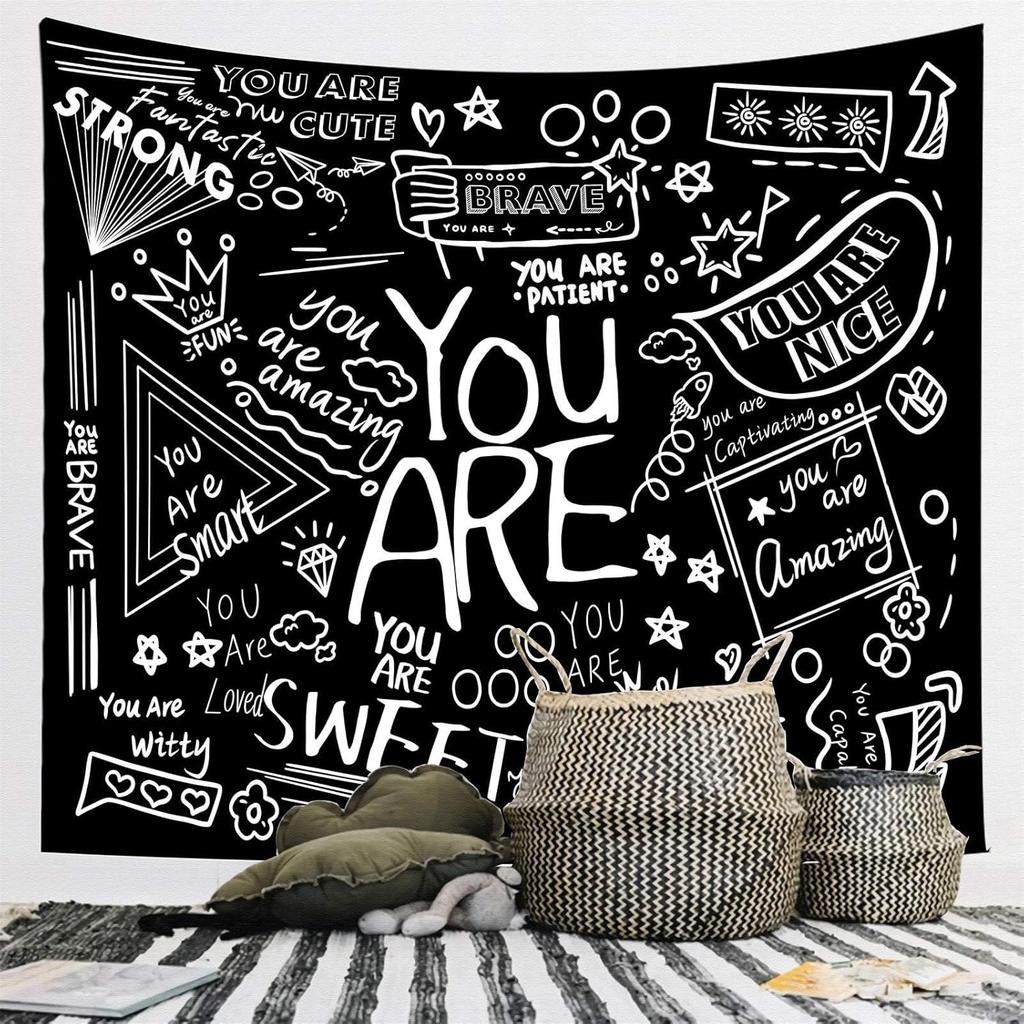 Black and White Inspirational Wall Tapestry, Positive Saying Aesthetic Decor Wall Hanging for Bedroom Kids Teen Girl Boy Dorm