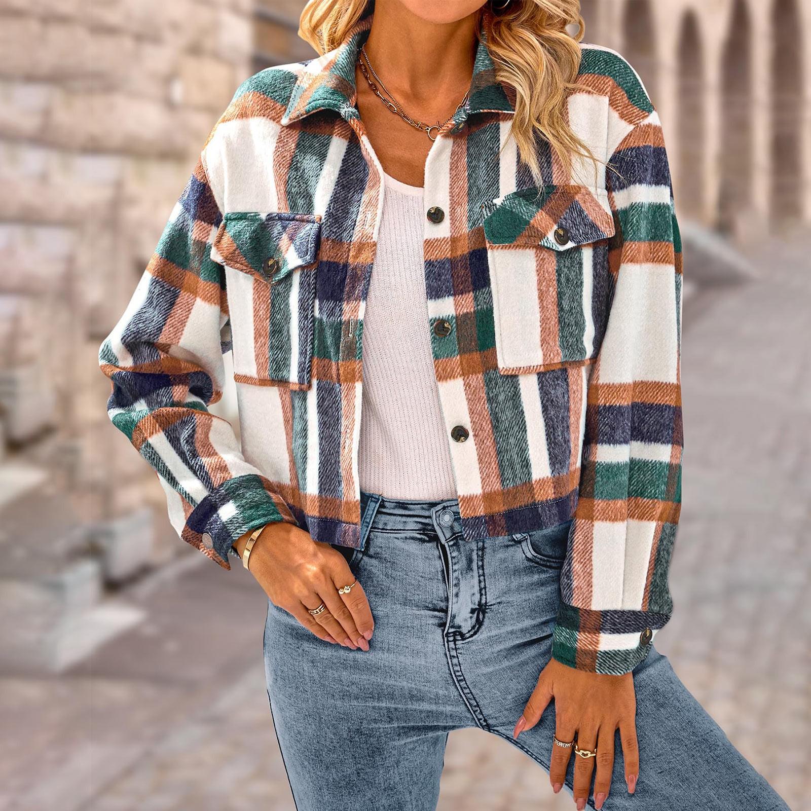 

Женская повседневная модная однобортная куртка с карманом и лацканами, короткая клетчатая куртка XL
