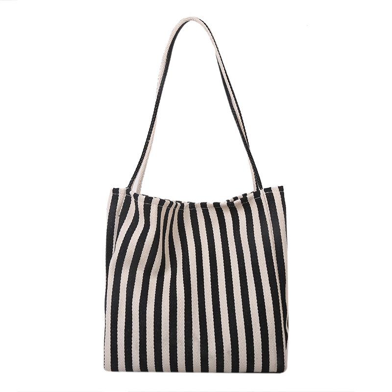 Large Capacity Striped Tote Bag Korean Retro Minimalist Nylon Shoulder Bag for Women Shopping