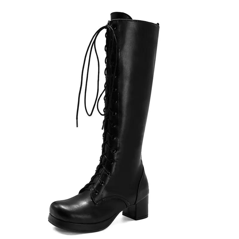 Fashion Women'S High Knee Boots Winter Shoes Lovely Sweet Lace Up Purple Pink White Lolita Shoes Girls Long Boot Large Size 48