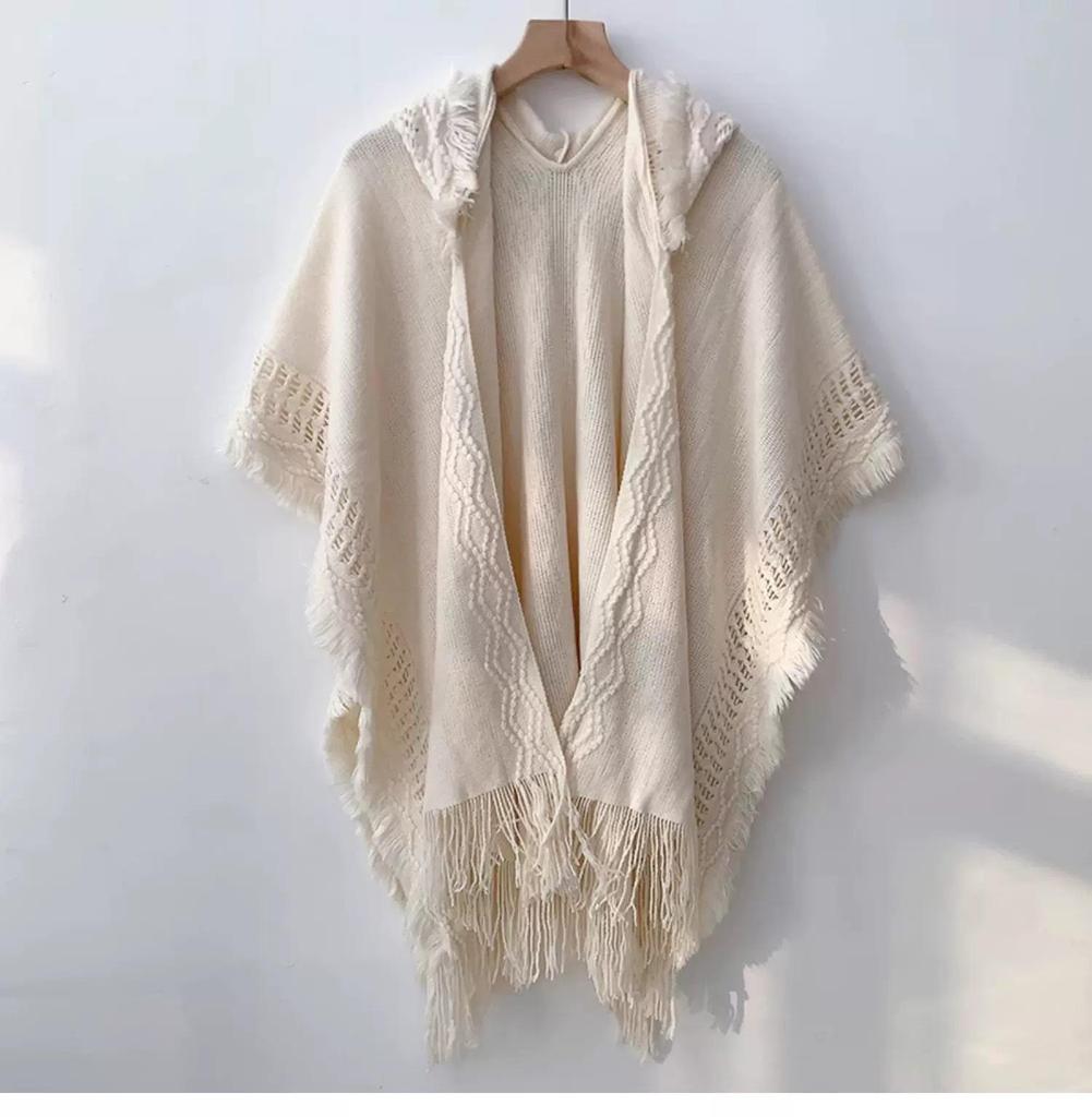 Ethnic Knitted Tassel Hooded Cape Shawl - Women's Autumn/Winter Outerwear for Travel Photography